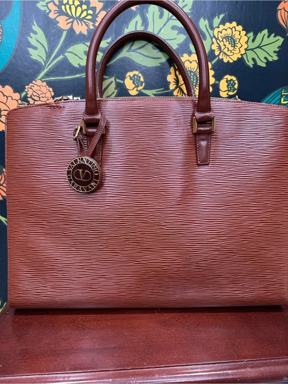 Valentino Garavani Chestnut Brown Textured Leather Laptop Tote